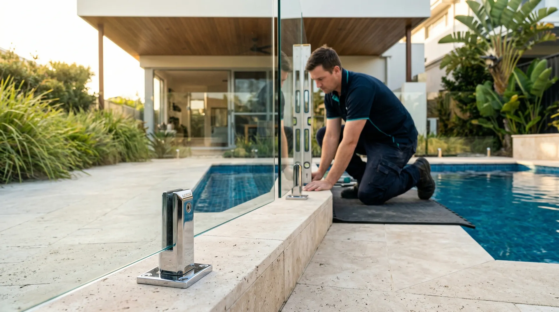 Frameless glass pool fence around a modern Newcastle home