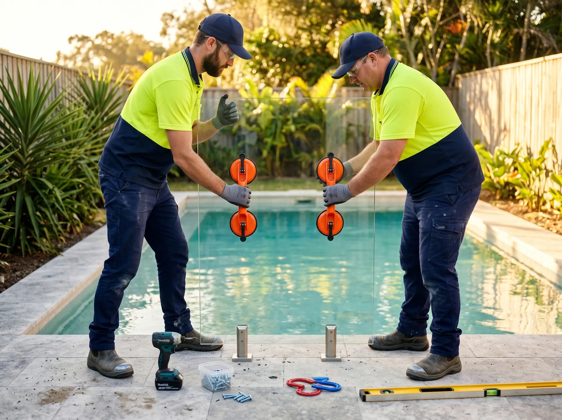 Pool fence installer at work